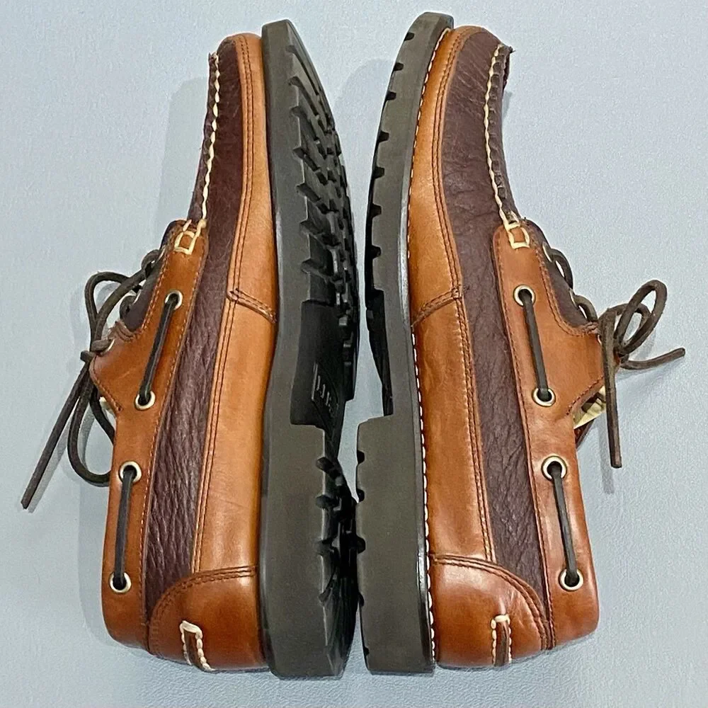 LL Bean Leather Loafers Deck Boat Mocs Shoes Men’s 8 D Two Tone Brown 3-Eye